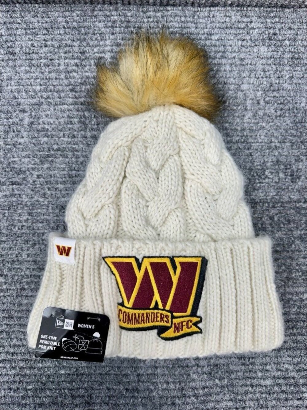 Washington Commanders Pom Beanie Womens Ivory Red Cable Knit Wool Blend Lined